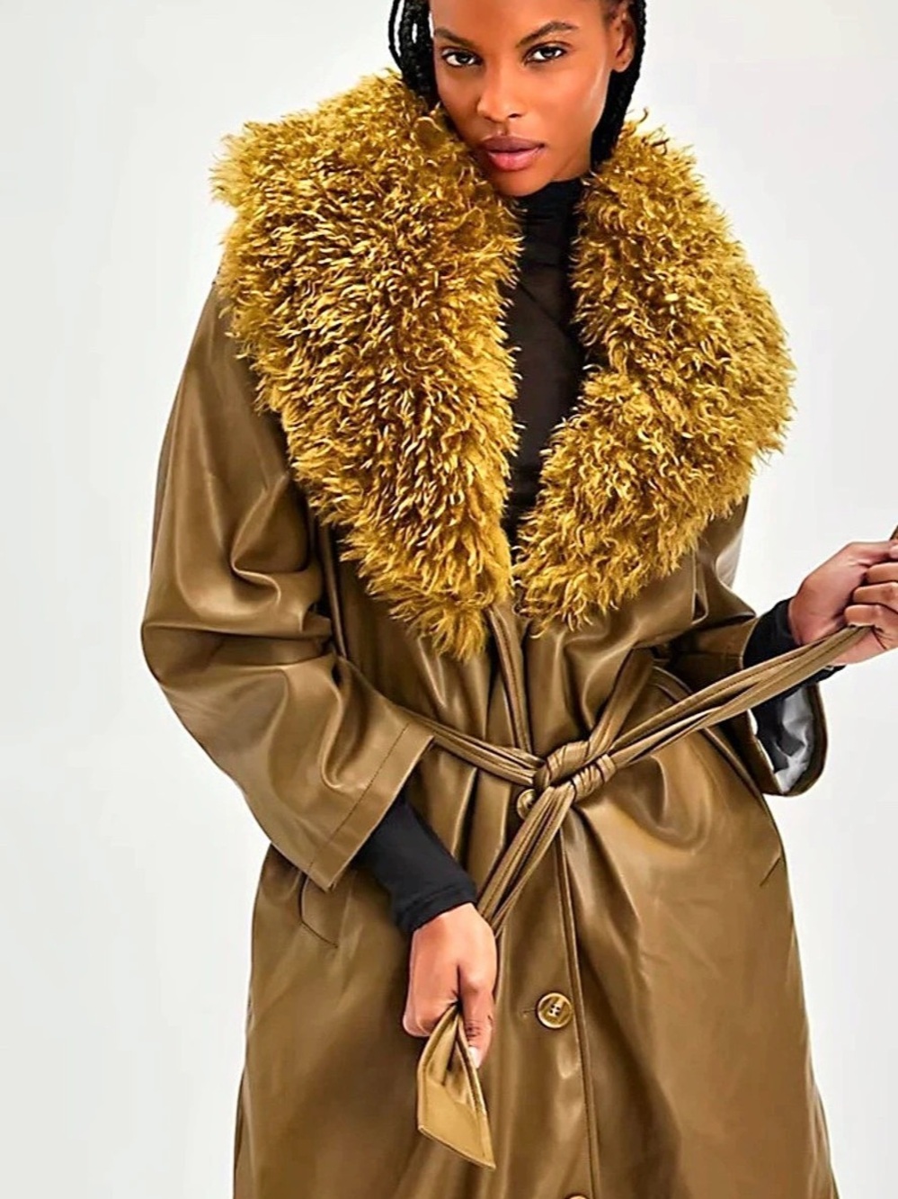 JAKKE Palladino Coat - Green Faux Fur Collar Belted Trench Medium